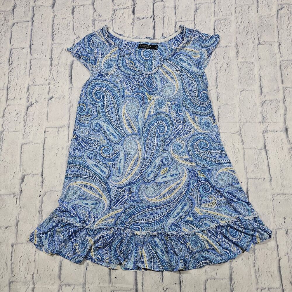 Lauren Ralph Lauren WOMENS SIZE M Blue Paisley Cap Sleeve Dress Ruffle Hem